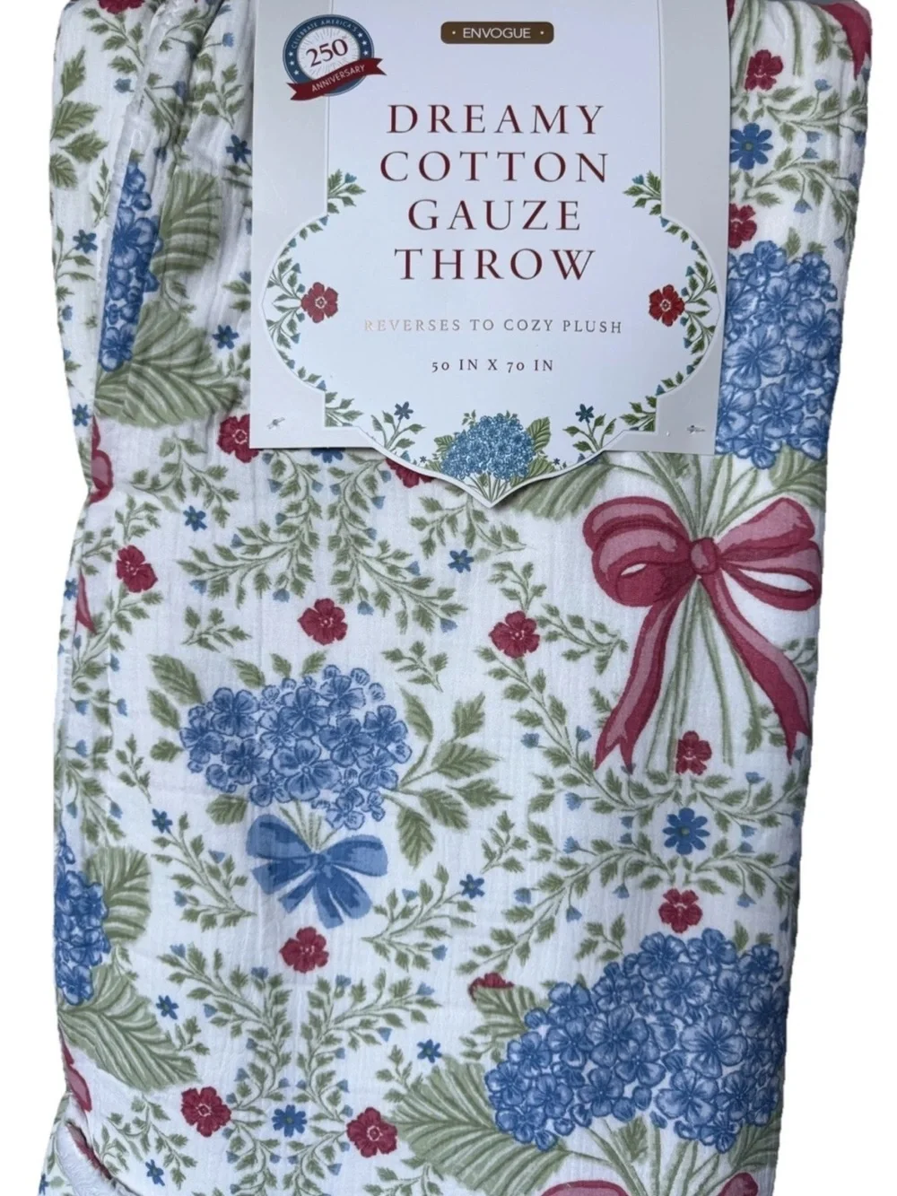 Envogue Reversible Cotton Gauze Throw Americana July Bows Floral Red White Blue